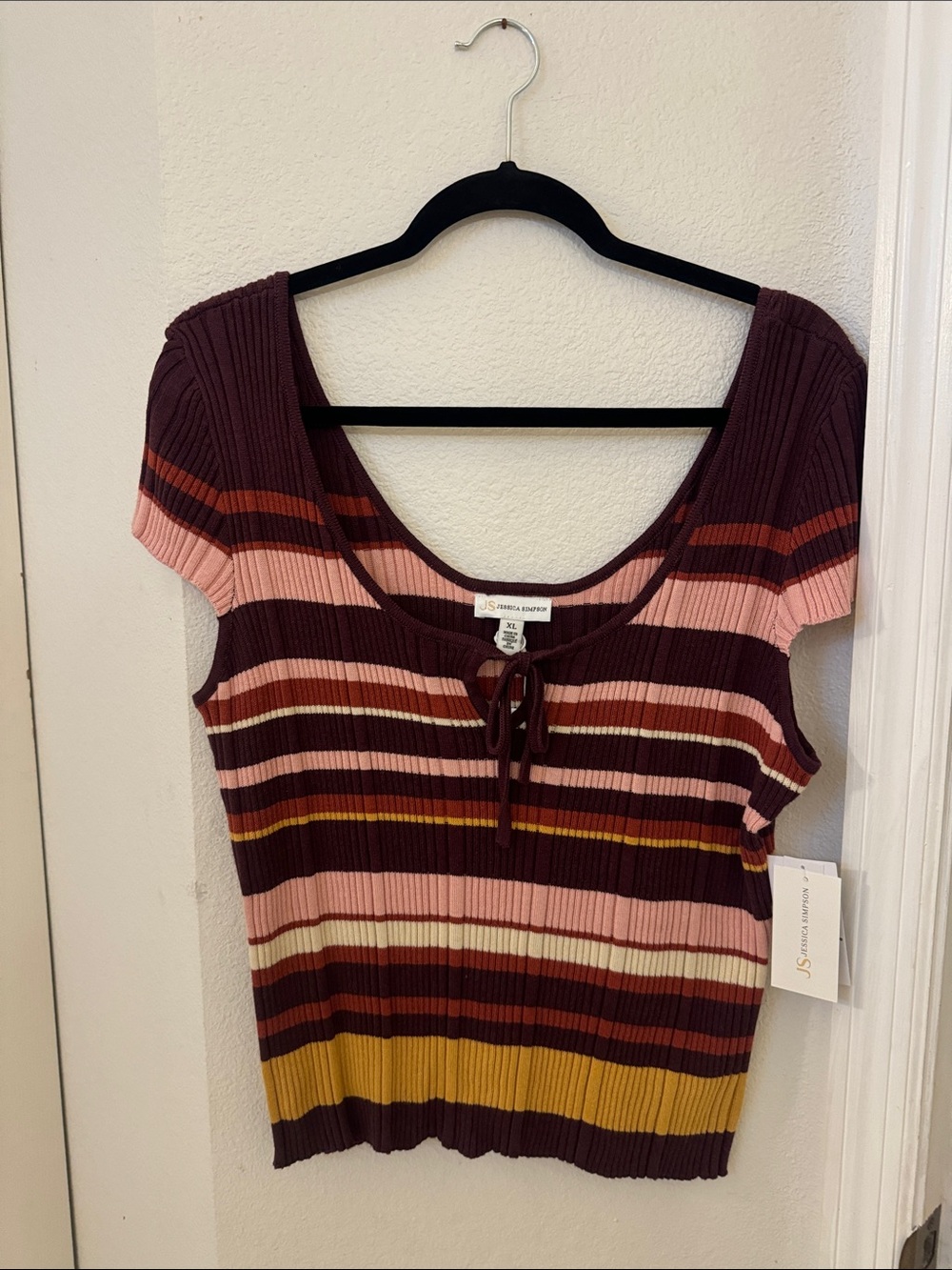 Jessica Simpson Brown , Pink & Mustard Striped Tie-Front Top